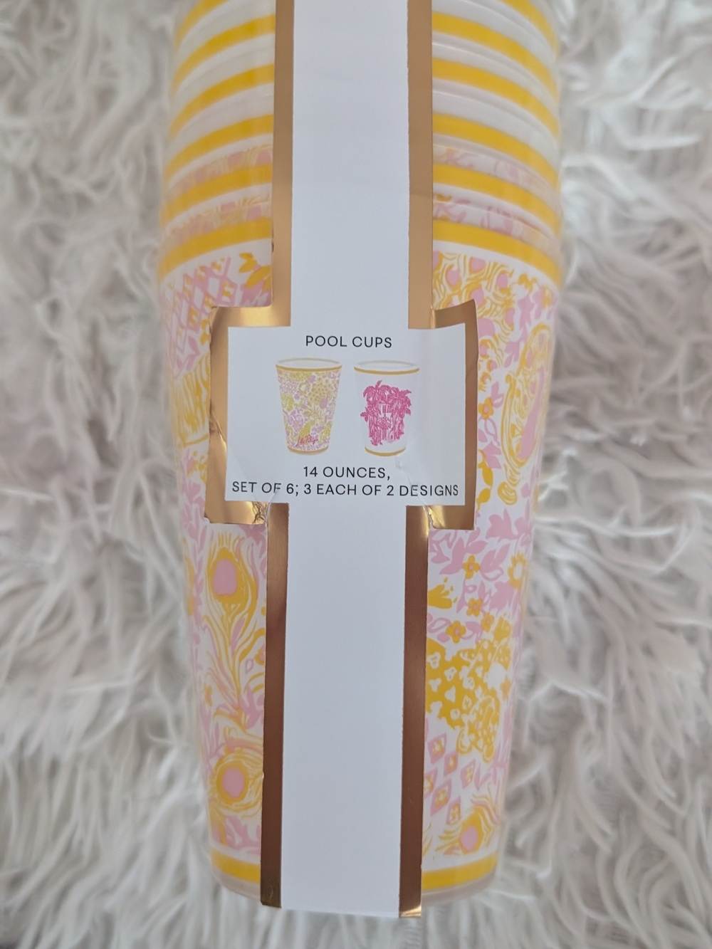 Lilly Pulitzer Pool Cups Set of 6 14 oz Pink Yellow Floral Lion Print NWT